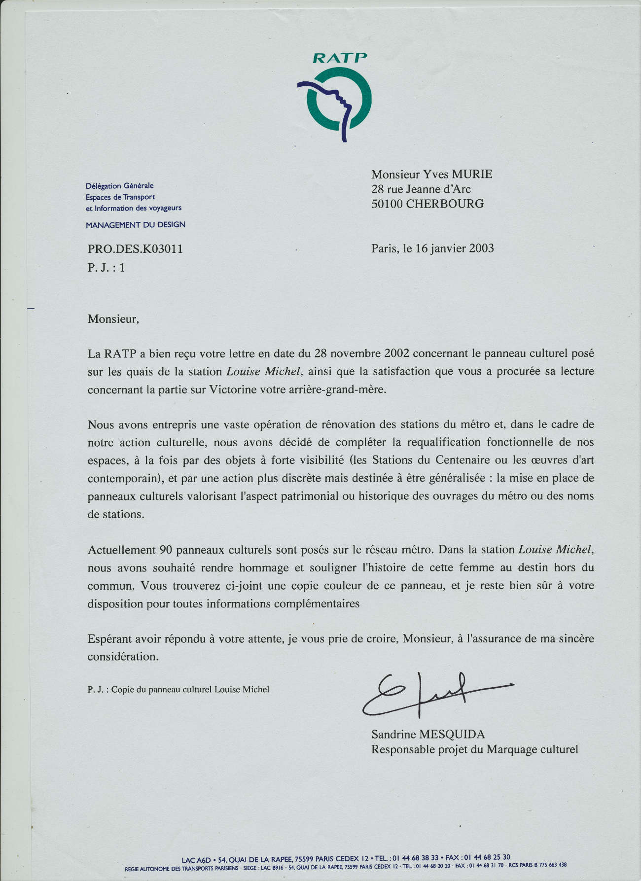 Louise Michel letter on creating the Louise Michel metro in Paris