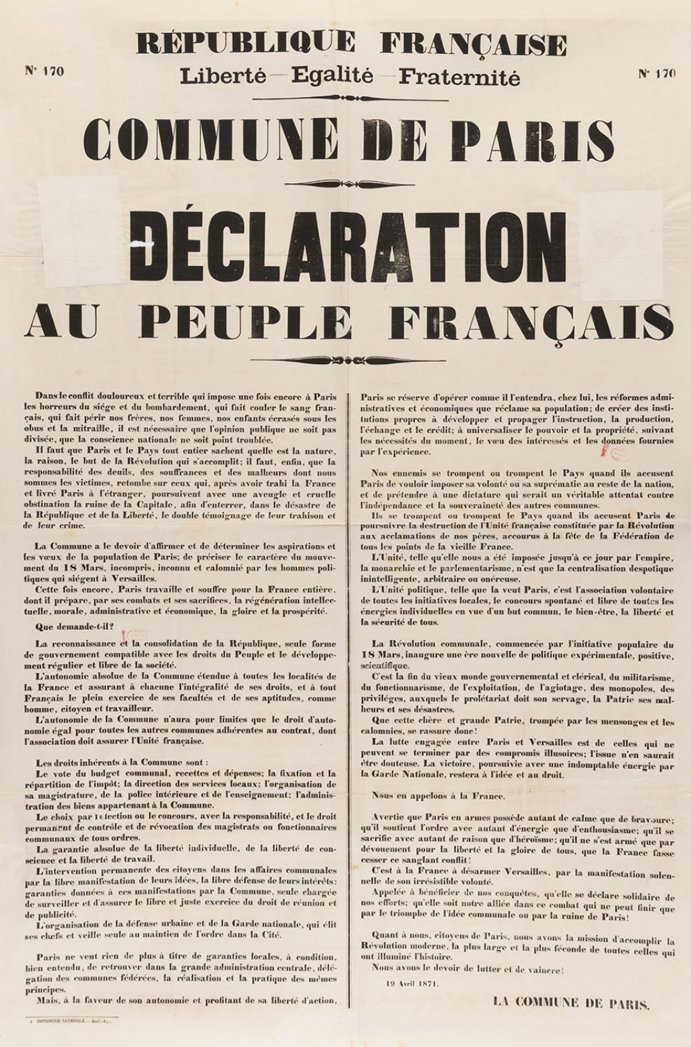 Declaration Au Peuple Francais 19 April 1871