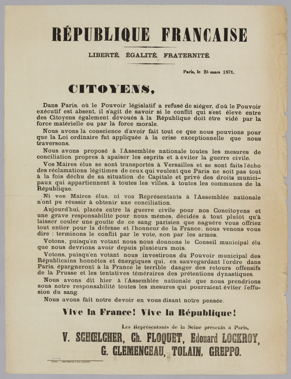 Declaration of the Representatives of the Seine 25 March 1871 Paris Commune
