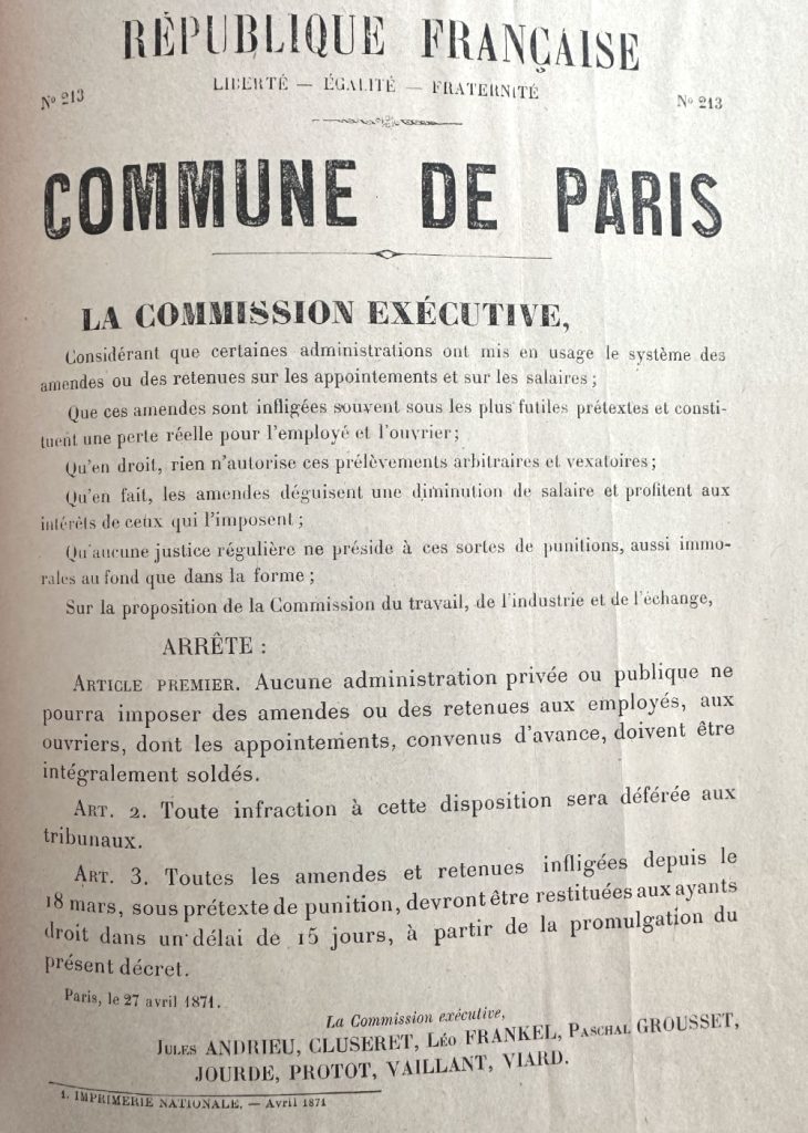 Decree on Wages and Deductions by Paris Commune 27 April 1871