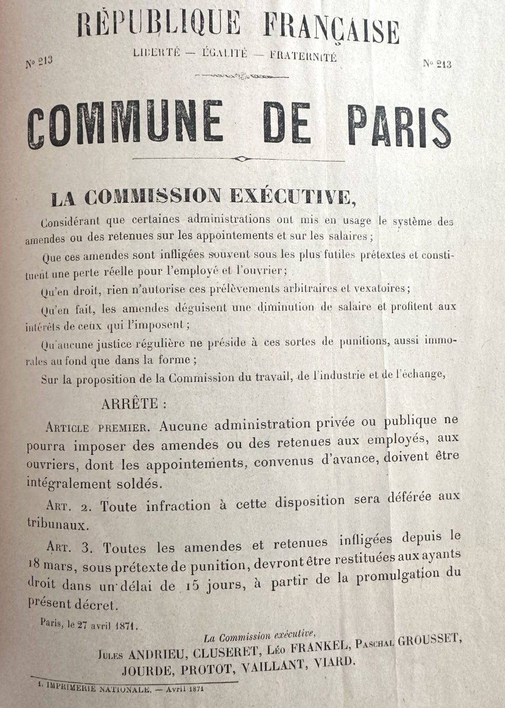 Decree on Wages and Deductions by Paris Commune 27 April 1871