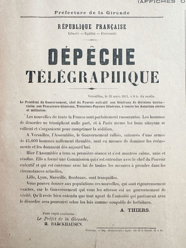 Telegraphic Dispatch by Thiers - Paris Commune - 21 March 1871