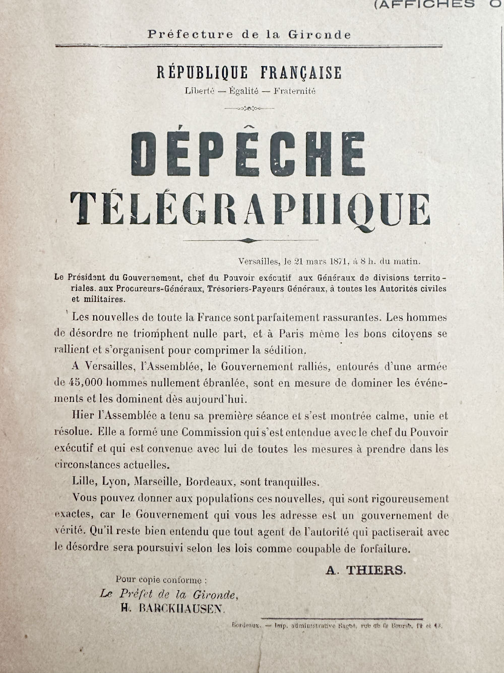 Telegraphic Dispatch by Thiers - Paris Commune - 21 March 1871