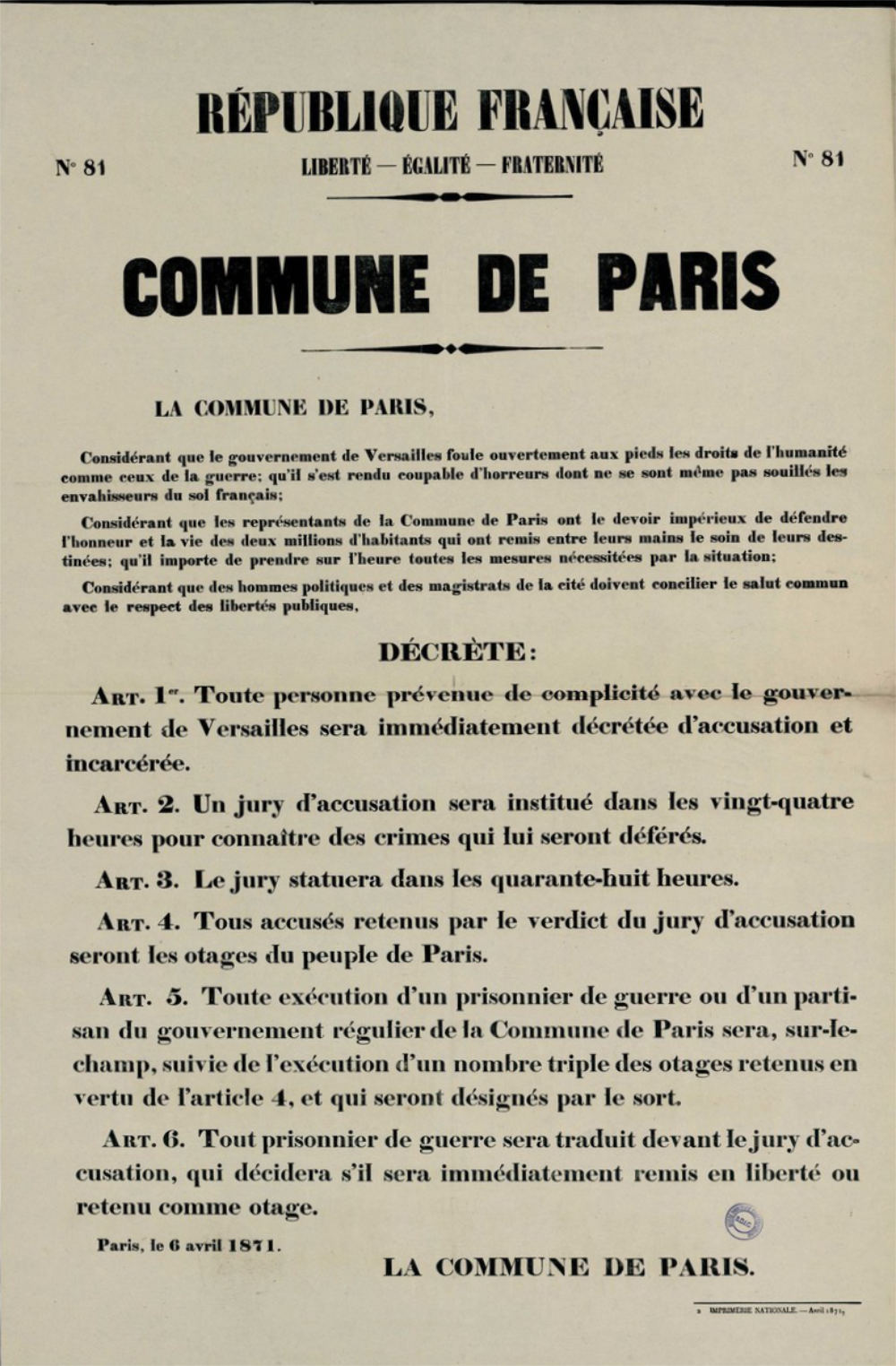 Hostages Declaration April 1871 Paris Commune
