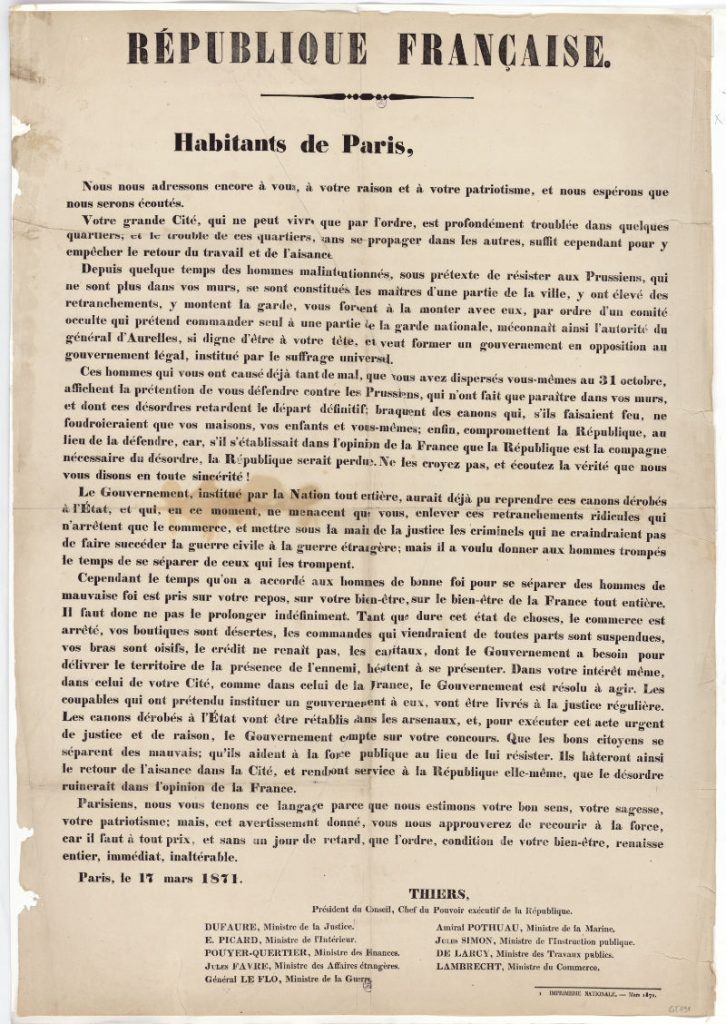 Thiers letter to the people of Paris 17 March 1871