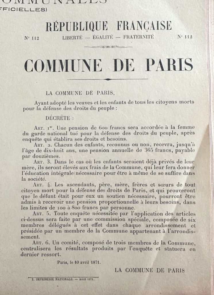 Pensions for war widows and orphans 10 April 1871 Paris Commune