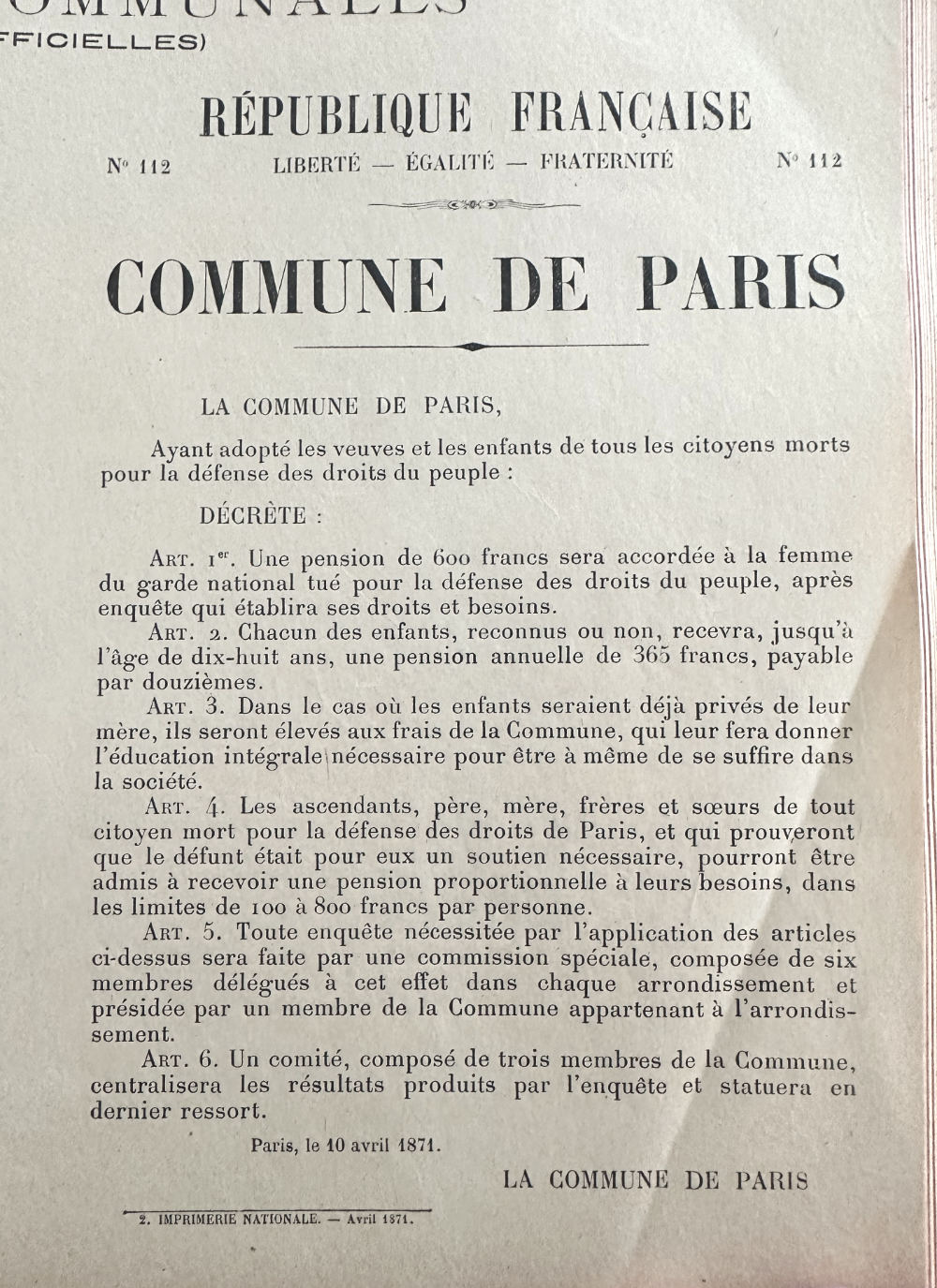 Pensions for war widows and orphans 10 April 1871 Paris Commune