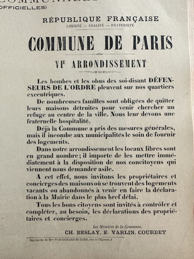 Statement on humanitarian aide Paris Commune April 1871