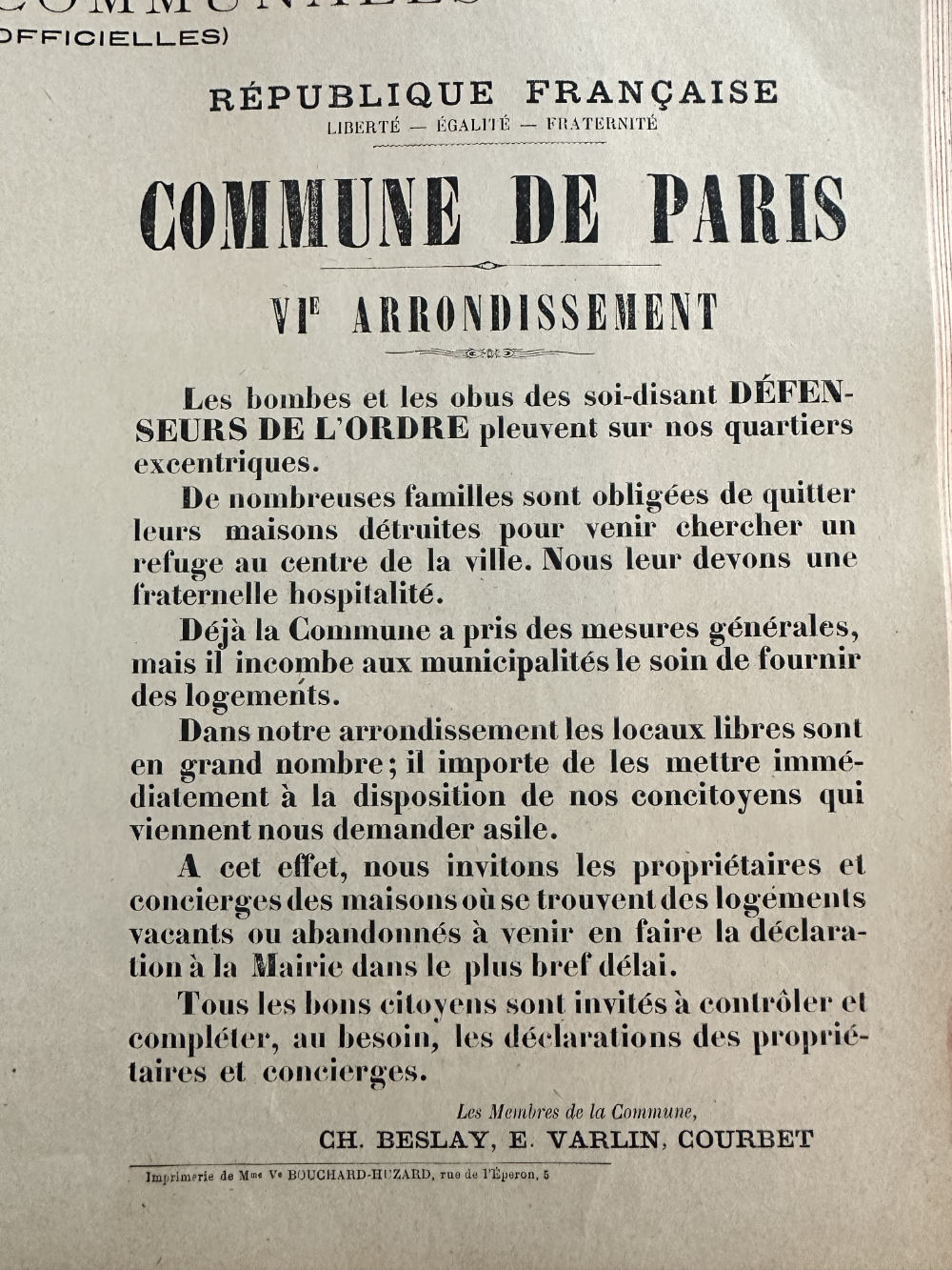 Statement on humanitarian aide Paris Commune April 1871