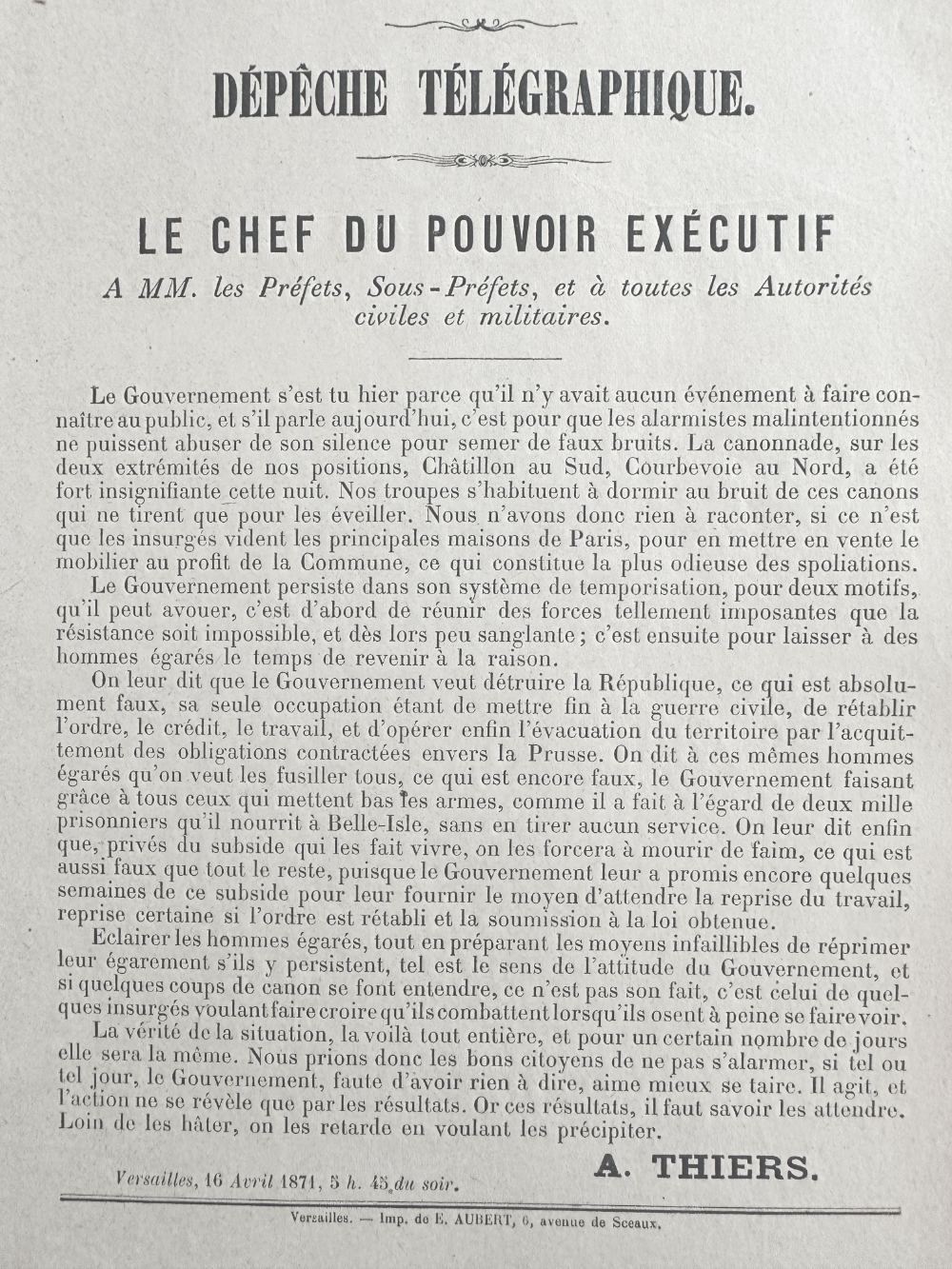 Telegraphic Dispatch 16 April 1871
