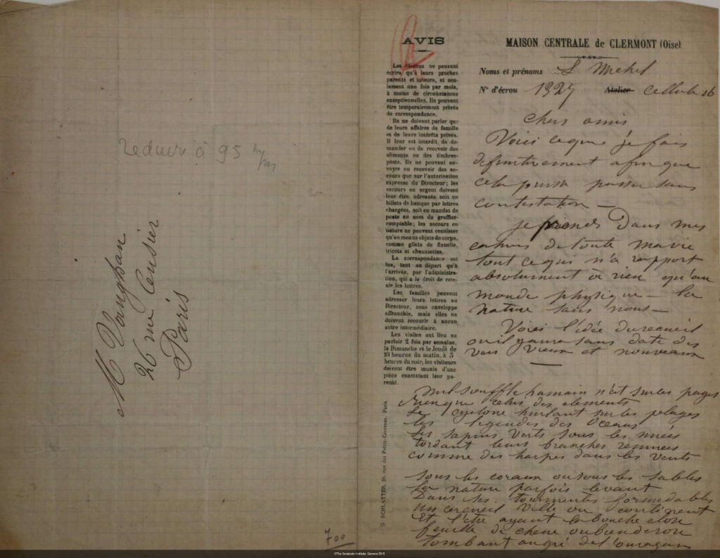Manuscript Letter of Louise Michel to Ernest Vaughan from prison page 1