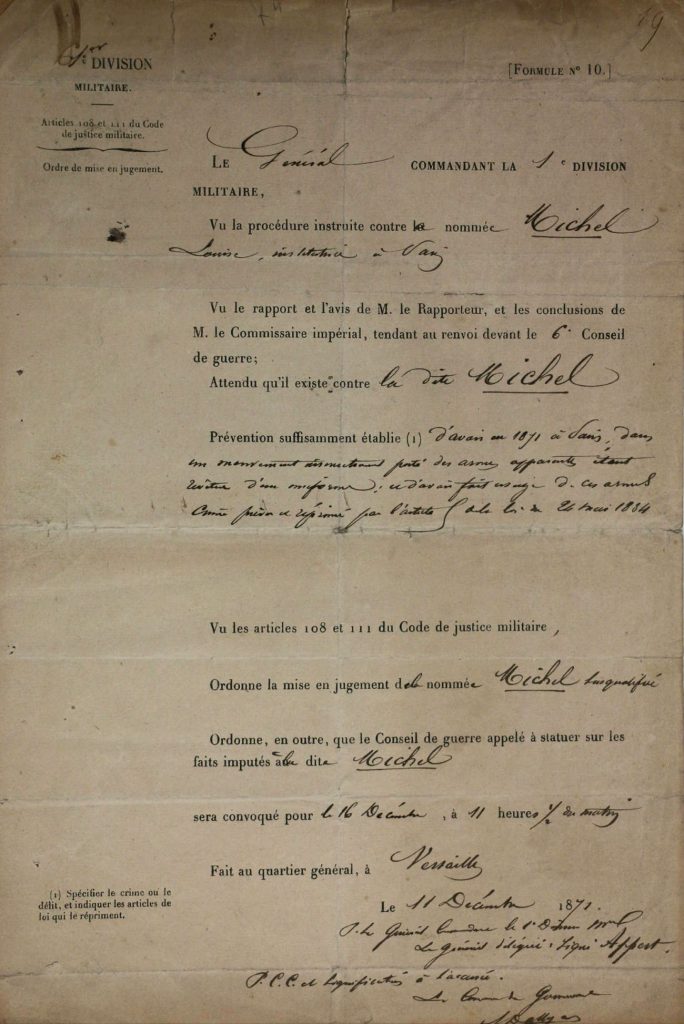 Order for Trial for Louise Michel, Paris Commune 1871