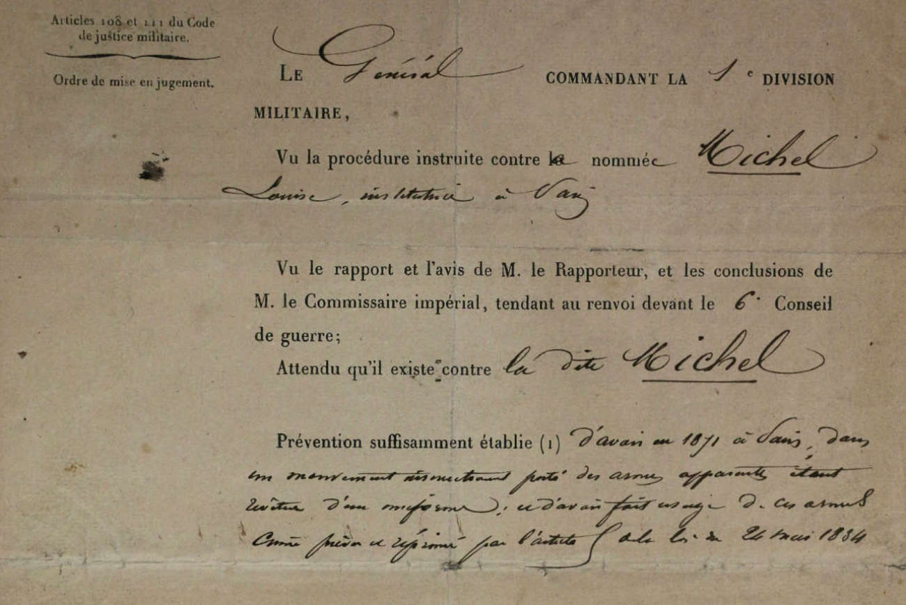 Order for Trial for Louise Michel, Paris Commune 1871 header