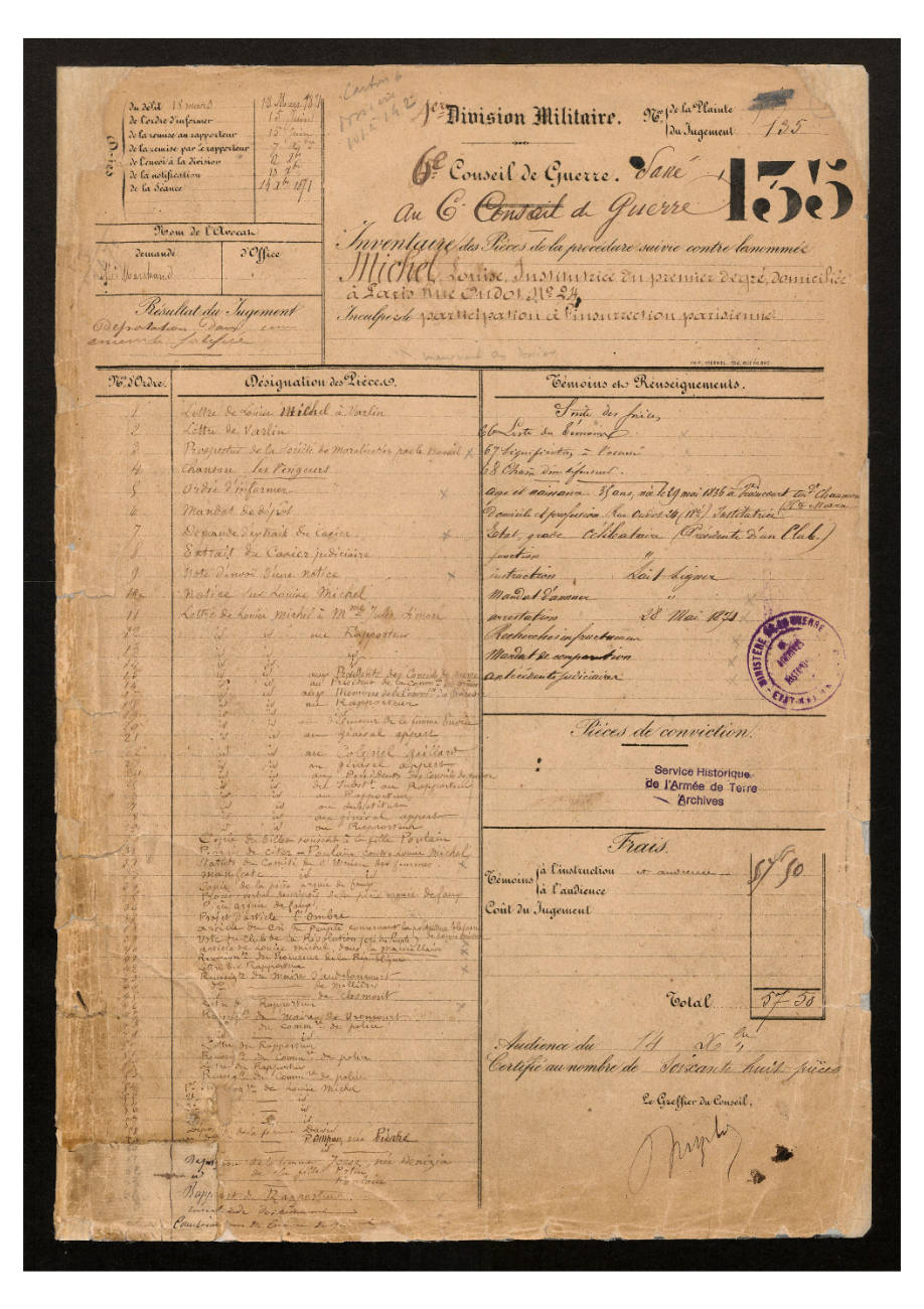 Louise Michel dossier after the Paris Commune 1871 page 1.