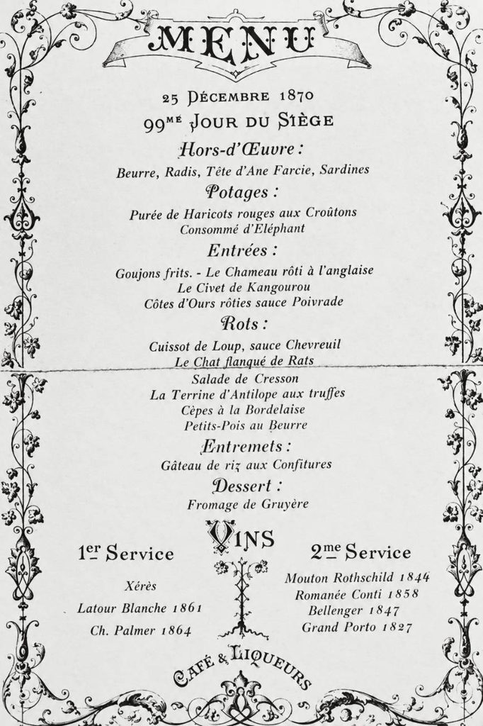 Christmas Day menu of the Café Voisin, Paris, 25 December 1870, during the Siege of Paris.